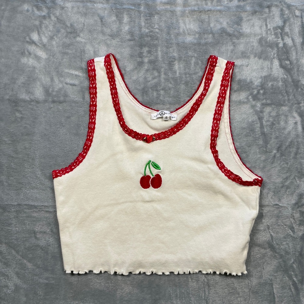 Love & Lazy Days Cream Cherry Embroidered Lace Trim Crop Tank Top Size Small